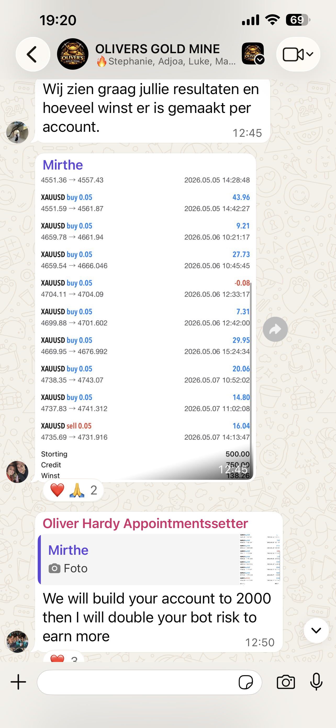 WhatsApp screenshot uit OLIVERS GOLD MINE met Mirthe trading resultaten en doel om account naar 2000 te bouwen