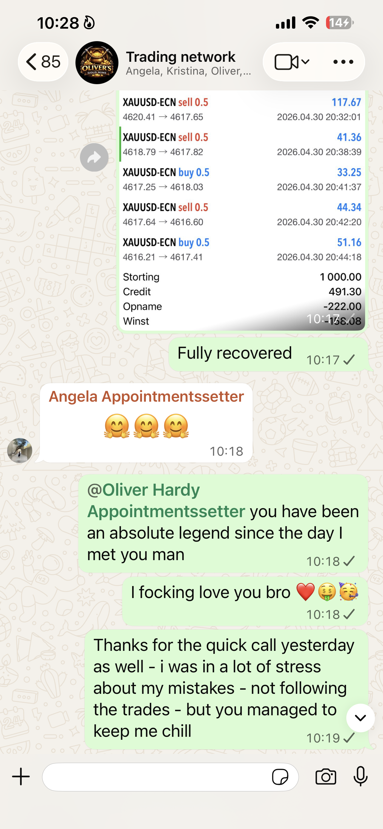 WhatsApp screenshot waarin lid Oliver Hardy bedankt voor het managen van zijn mistakes en herstel
